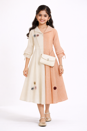 Elegant Cream & Peach Panelled Dress for Girls with Maroon Handbag & Chain