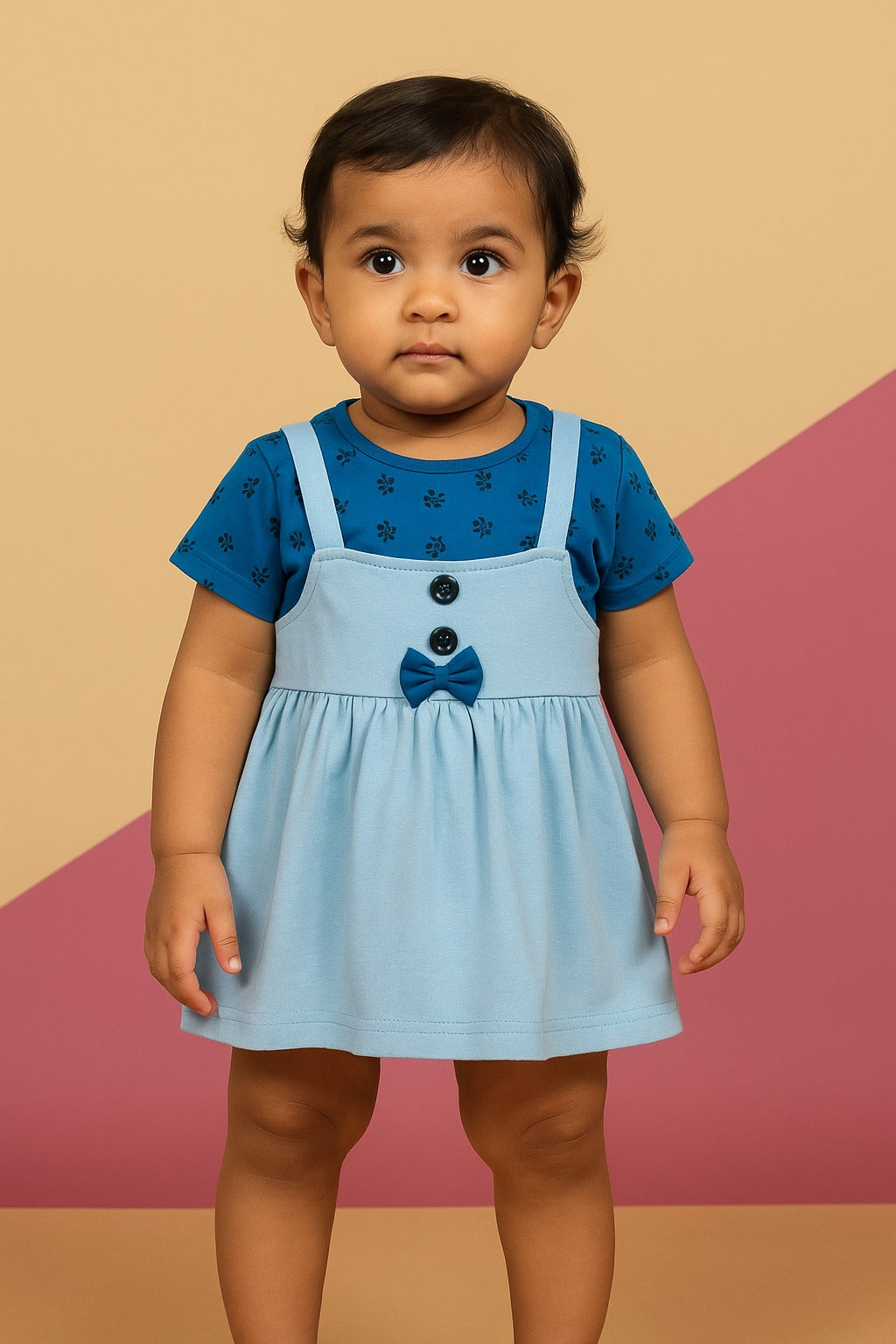 Button Bow Dungaree-Style Baby Girl Dress Set – Soft Cotton Combo Outfit - Inayah Fashion