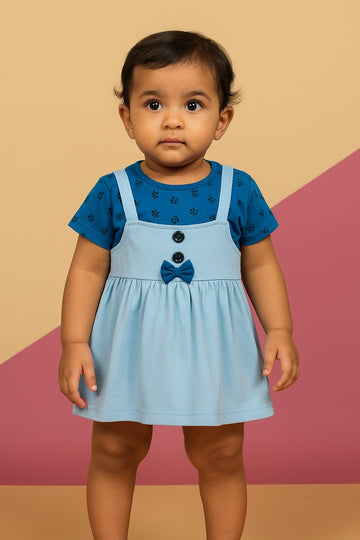 Button Bow Dungaree-Style Baby Girl Dress Set – Soft Cotton Combo Outfit - Inayah Fashion