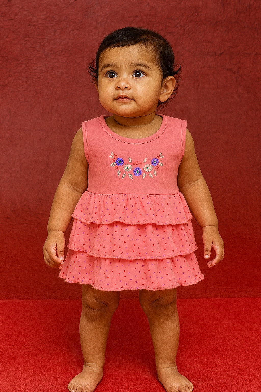 Embroidered Floral Baby Girl Frock – Sleeveless Cotton Dress with Layered Ruffle Skirt - Inayah Fashion
