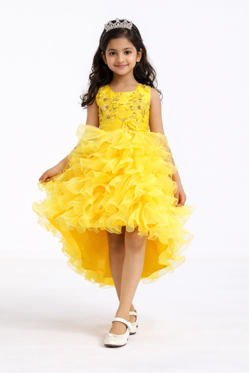 Bright yellow high-low party dress for girls with floral embroidered bodice