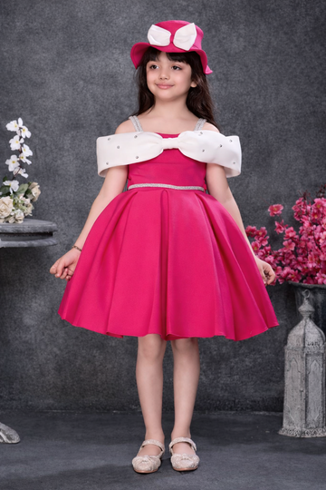 Hot Pink Bow Off-Shoulder Party Dress for Girls with Hat