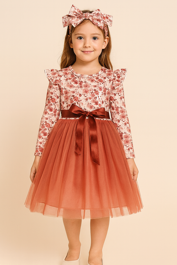 Rust Floral Tulle Party Dress for Baby Girls – Long Sleeve Frock with Ruffle Shoulders, Satin Bow Dress