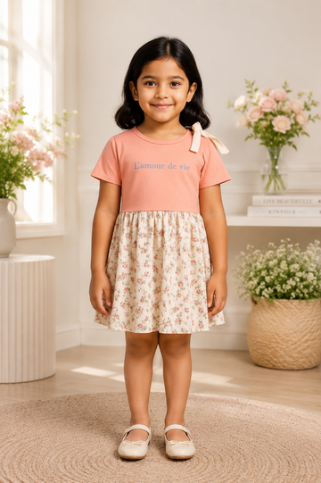 Cold Shoulder Peach Top with Floral Skirt Set for Girls