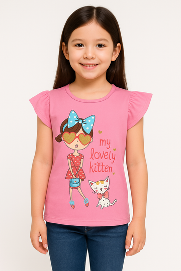 “My Lovely Kitten” Pink Graphic Top – Cute Casual Wear for Girls
