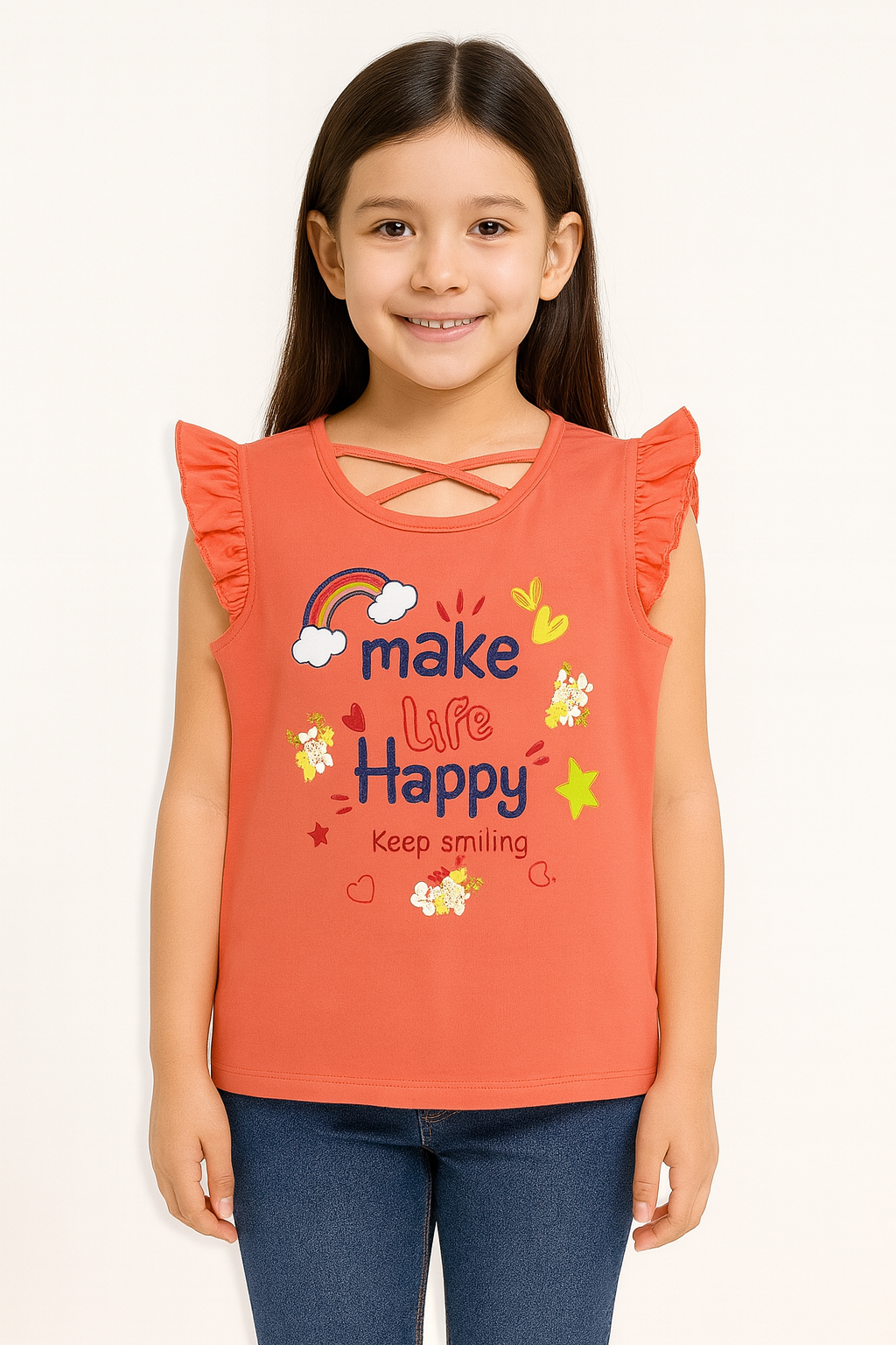 Girls coral pink ruffle sleeve slogan print summer t-shirt