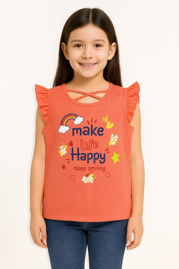 Girls coral pink ruffle sleeve slogan print summer t-shirt