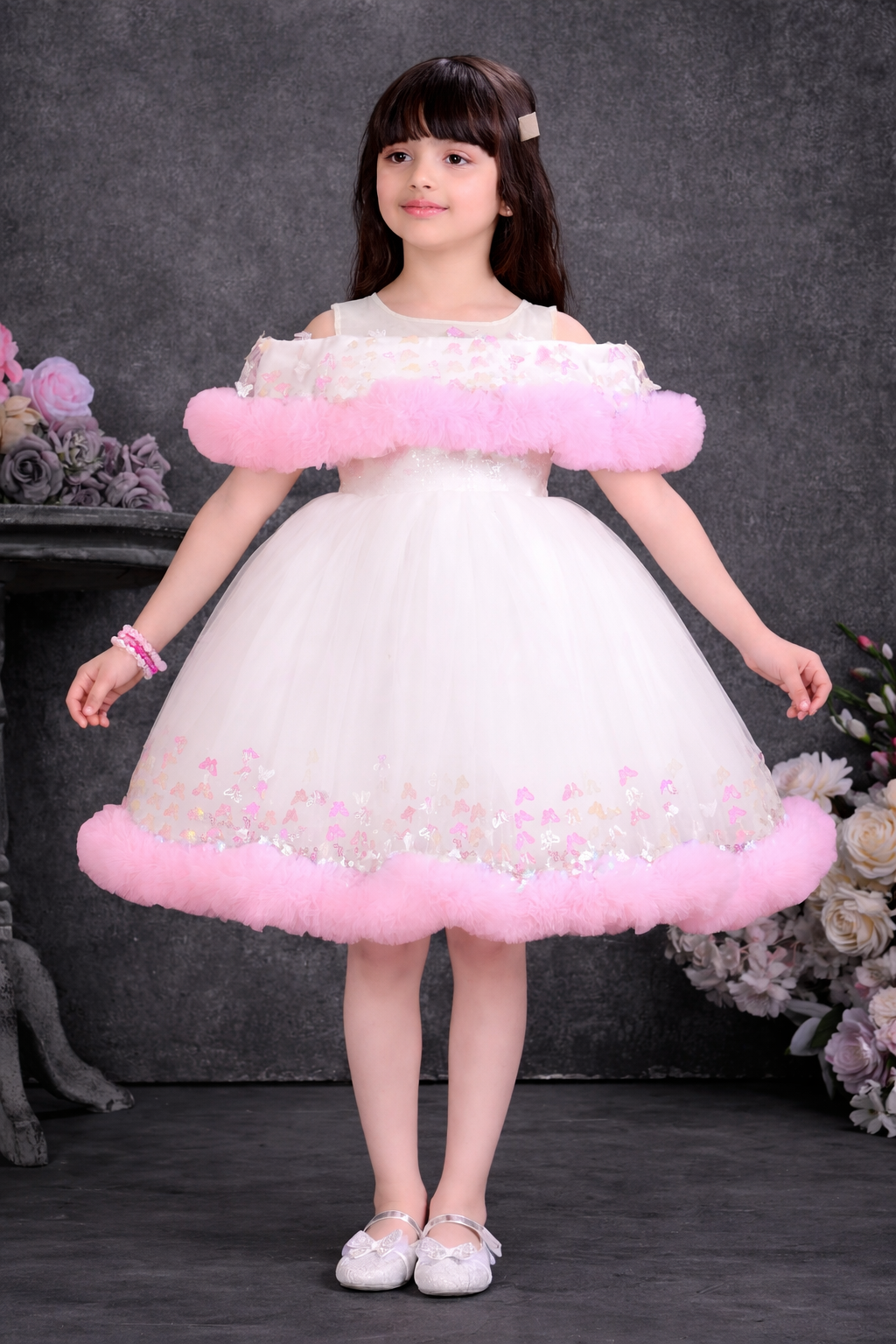 Blush off-shoulder tulle party frock for baby girls