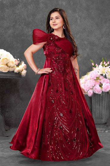 Ruby Royale Embellished Evening Gown with Statement Shoulder & Cape-Birthday dress for girls