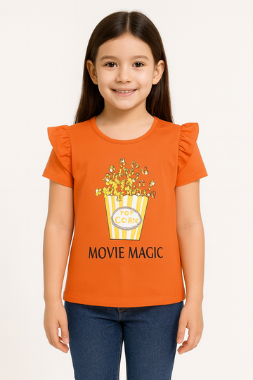 Girls orange ruffle sleeve t-shirt with popcorn print