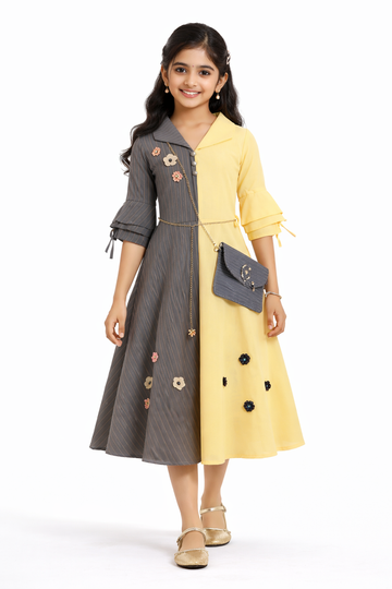 Stylish Grey & Yellow Panelled Frock for Girls with Handbag & Butterfly Chain